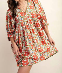GiGiO Babydoll Blossom Floral Puff Sleeve Dress in coral cream - women's dress