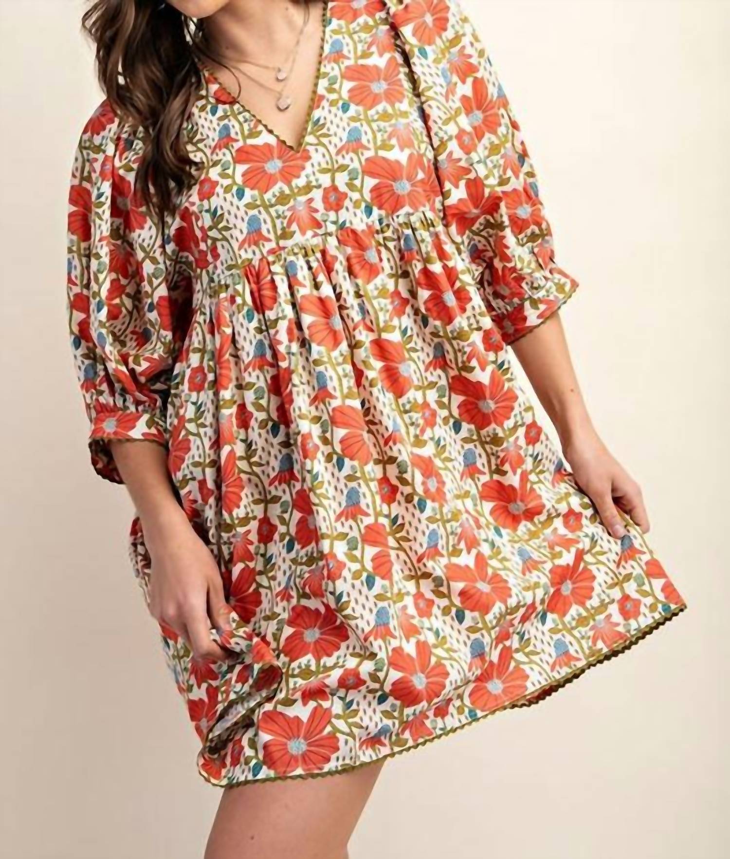 GiGiO Babydoll Blossom Floral Puff Sleeve Dress in coral cream - women's dress