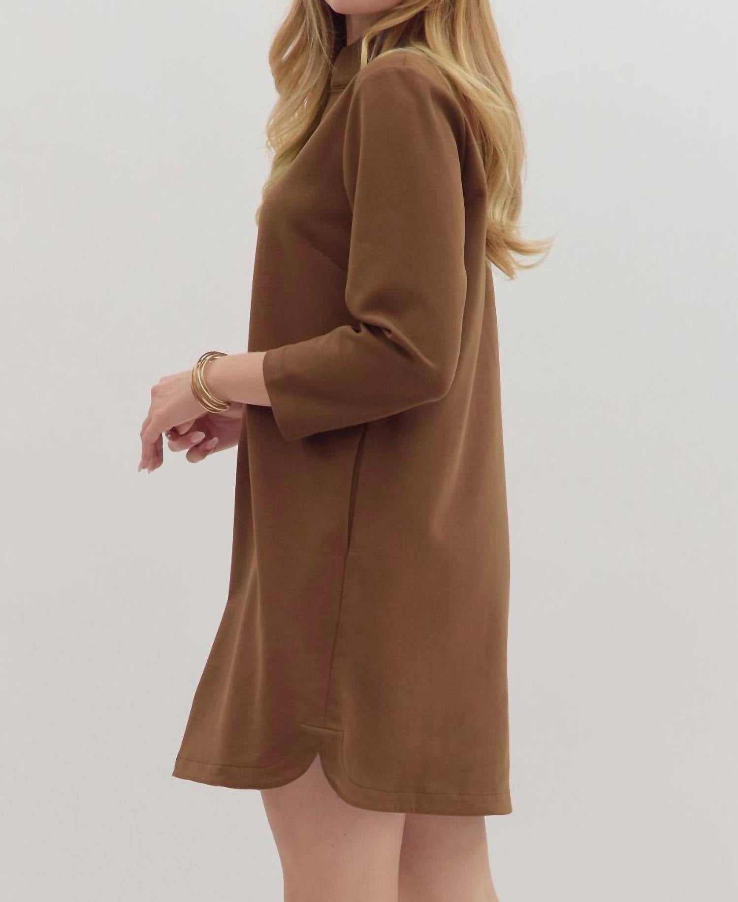 entro Solid Long Sleeve Mini Dress in brown - women's dress - detail view