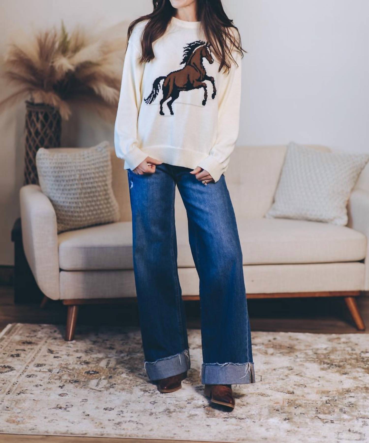 WISHLIST Horse Knit Sweater in cream hoc spring - women's sweater - alternate view