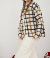 Blu Pepper Teddy Sherpa Jacket in cream plaid - women's jacket - alternate view