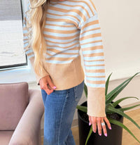 Strut & Bolt Texture Striped Contrast Sweater in taupe sky blue - women's sweater - alternate view