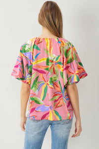 Entro - Floral Bubble Sleeve Blouse - Plus