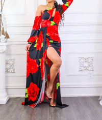 Surelymine - Roses Are Red Asymmetrical Draped Floral Dress