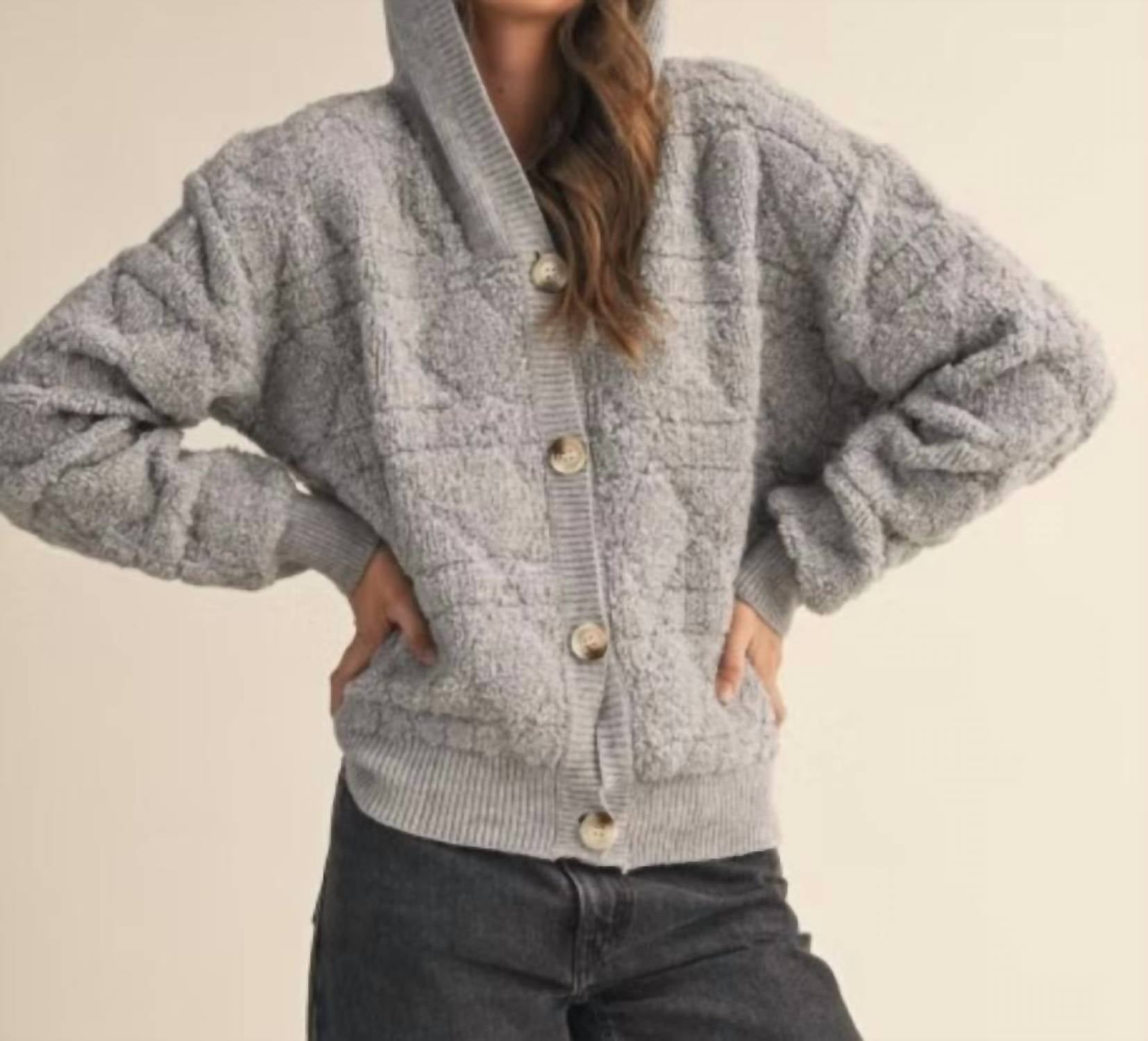 En Merci - Fuzzy Knit Hoodie Button Down Cardigan