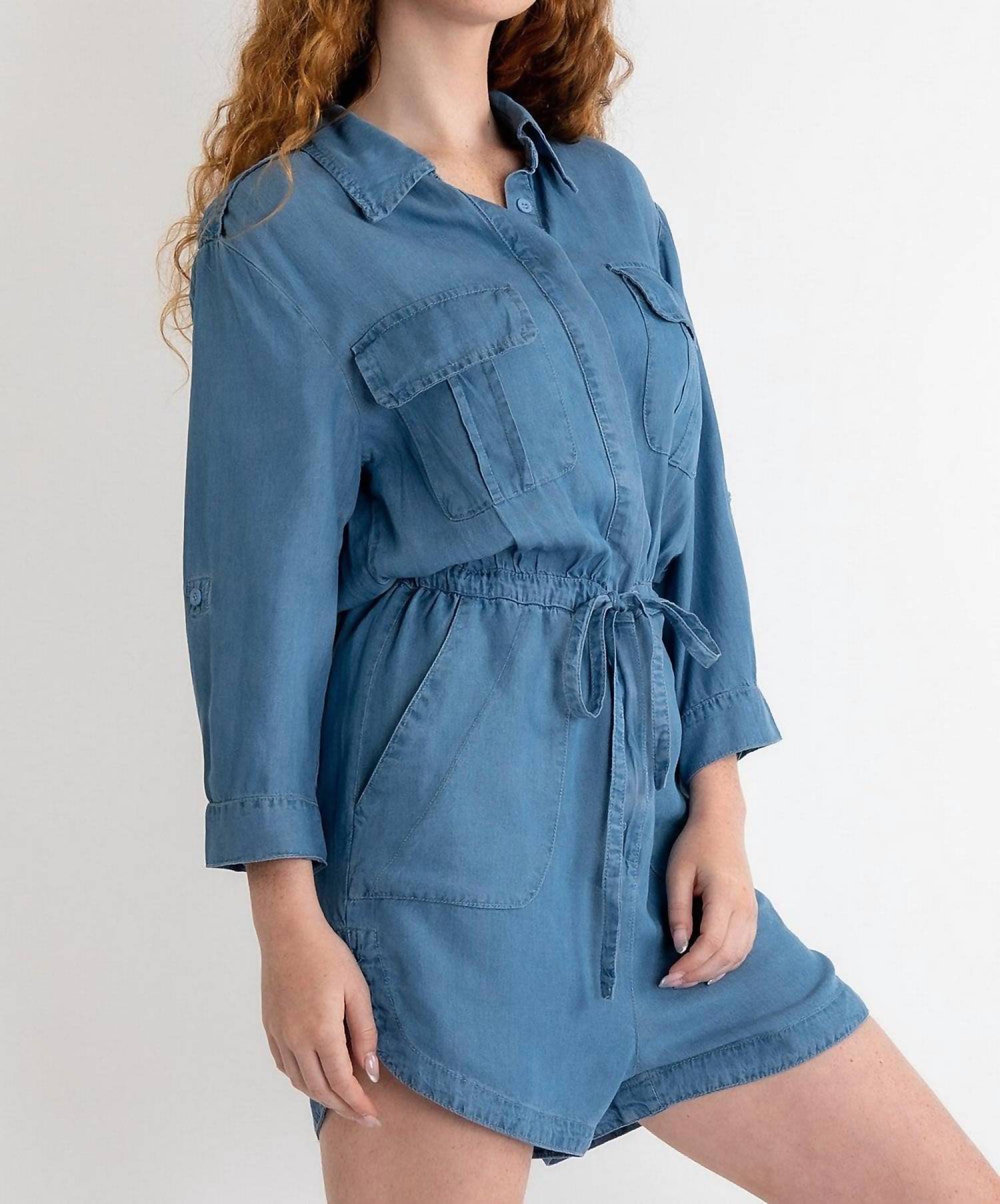 Blue Velvet Lightweight Chambray Romper in denim - women's pants - detail view