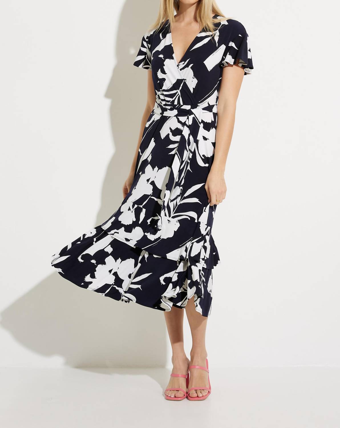 Joseph Ribkoff Faux Wrap Dress in navy print - women's dress - detail view