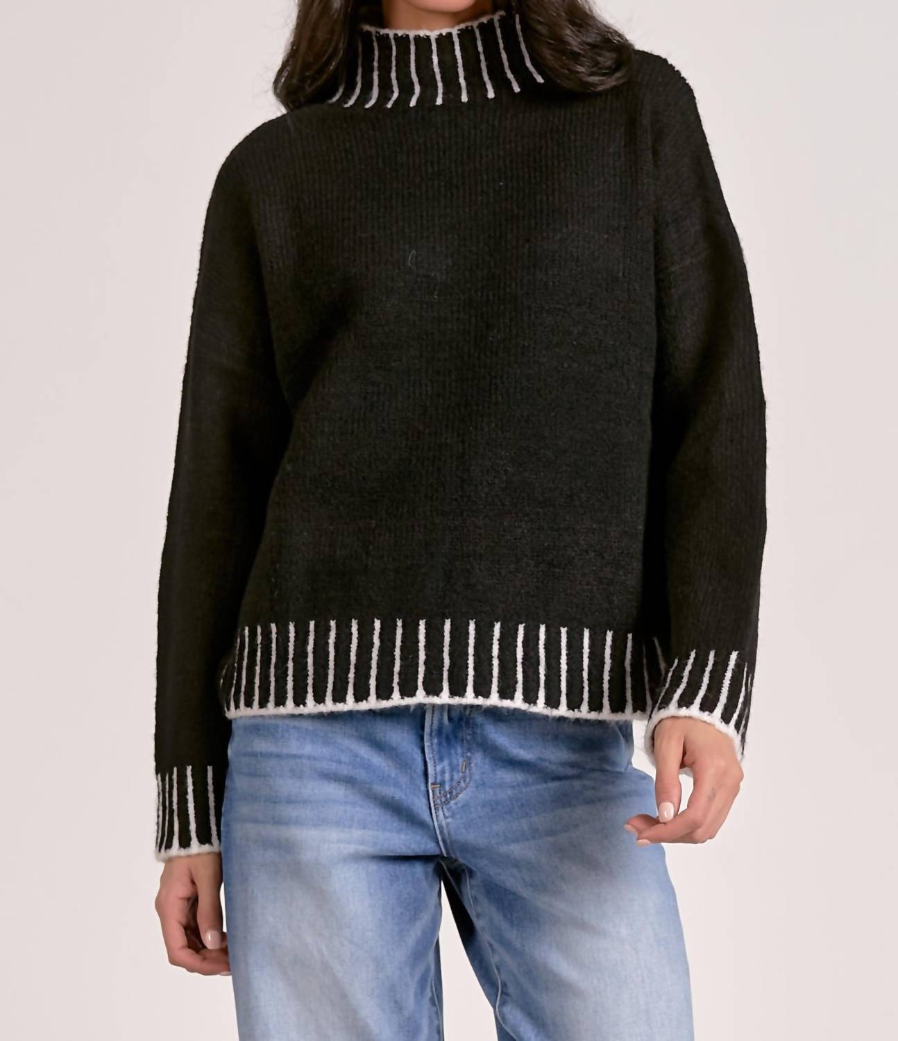 ELAN Whipstitch Edge Solid Sweater in black - women's sweater