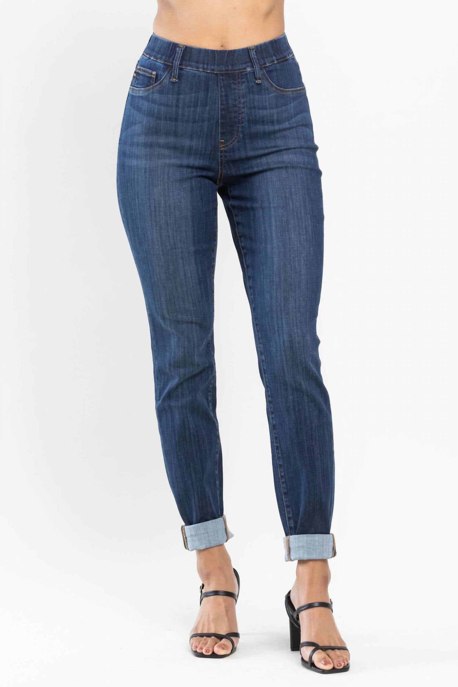 Judy Blue Waist Pull On Slim Fit Cuffed Jeans in dark wash - women's jeans