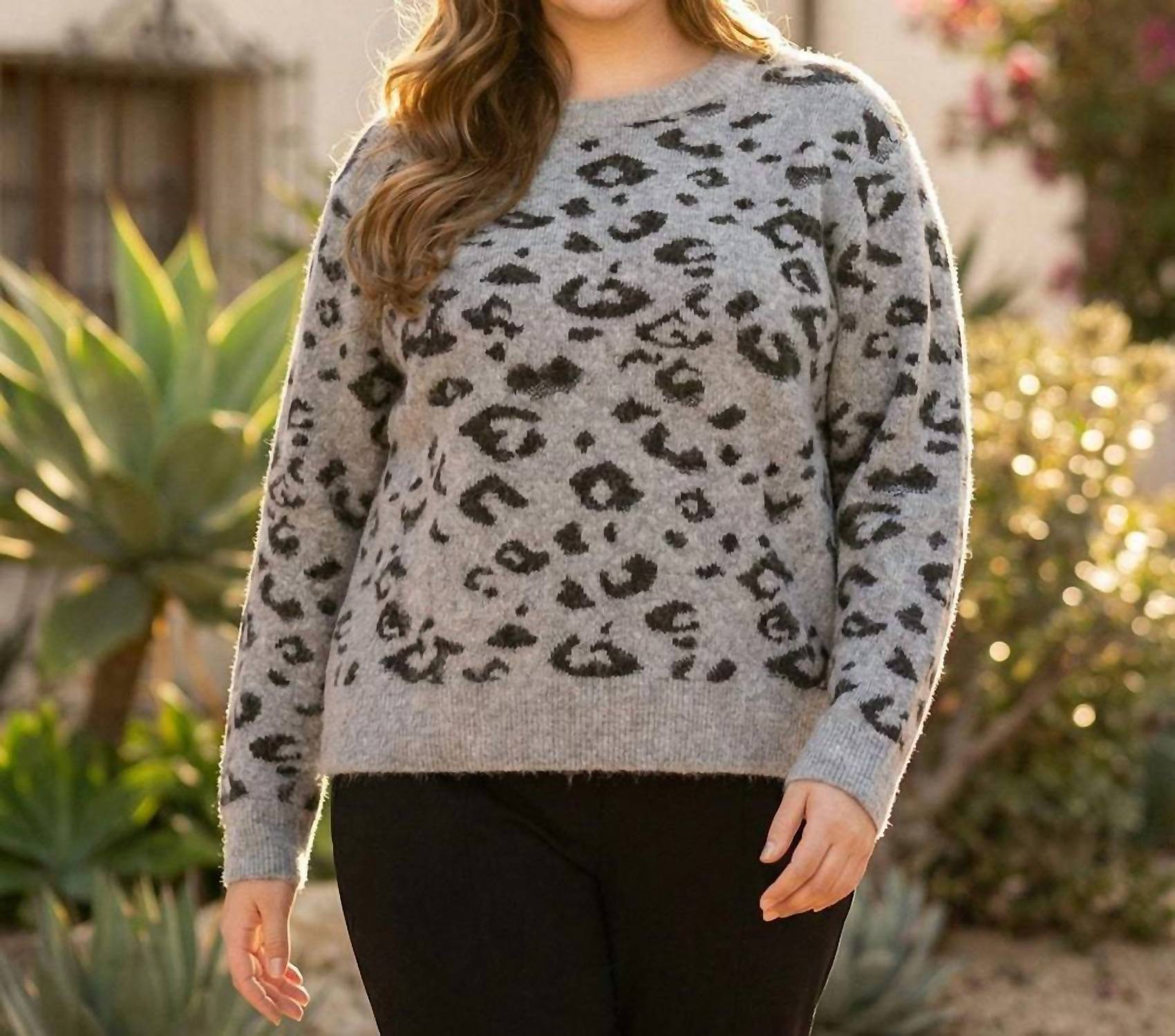 Karen Kane Metallic Animal Print Crewneck Sweater - Plus in gray with black - women's sweater - view 4