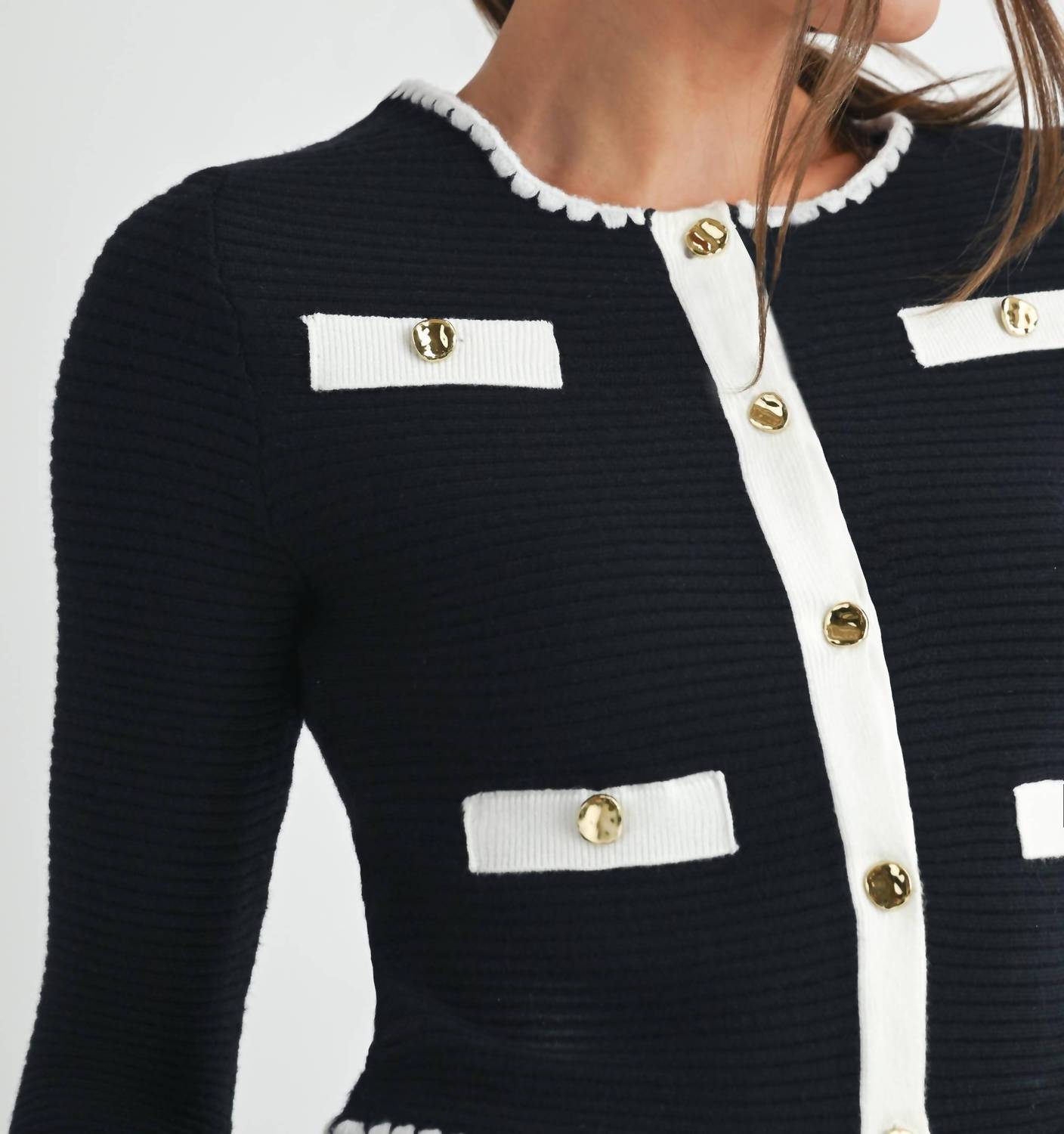 ENDLESS BLU. Contrast Button Knit Crop Jacket in black off white - women's jacket - view 4
