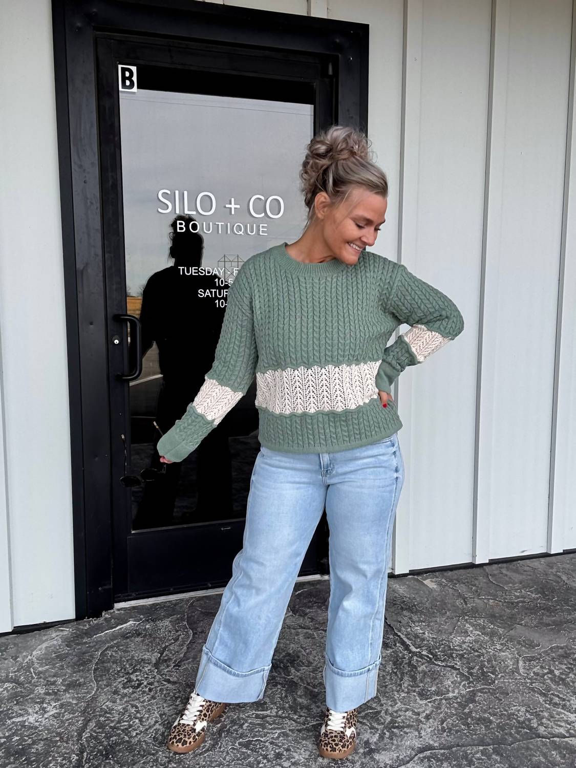 Listicle Color Block Braided Knit Sweater in eucalyptus - women's sweater - alternate view