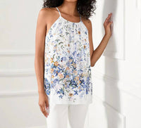 Karen Kane Bria Border Print Top in white with blues and yellow - women's blouse - view 4