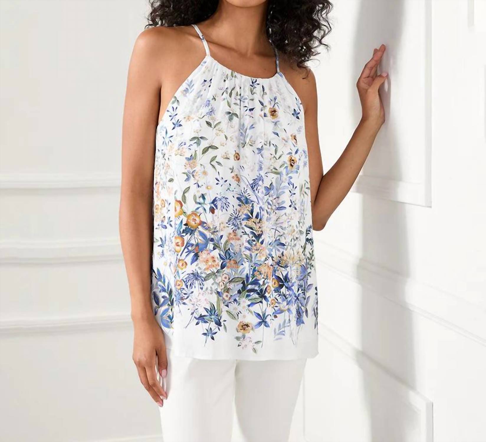 Karen Kane Bria Border Print Top in white with blues and yellow - women's blouse - view 4
