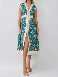 Tcec - Contrast Trim Printed Zip Front Midi Dress