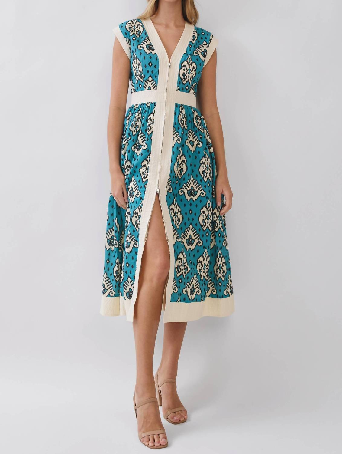 Tcec - Contrast Trim Printed Zip Front Midi Dress