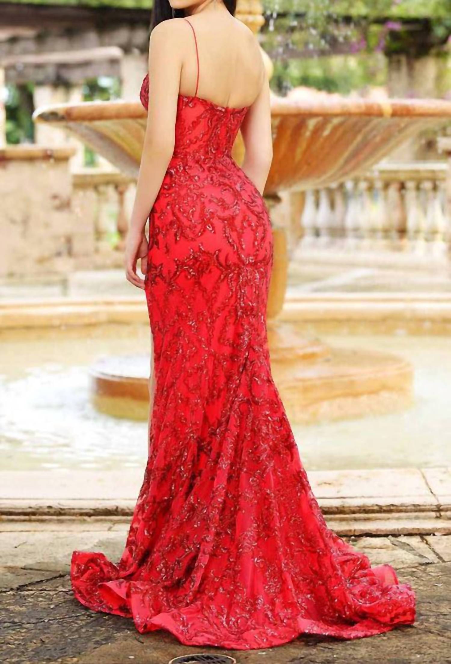 Ava Presley Sequin V-neck Prom Dress in red - women's dress - detail view