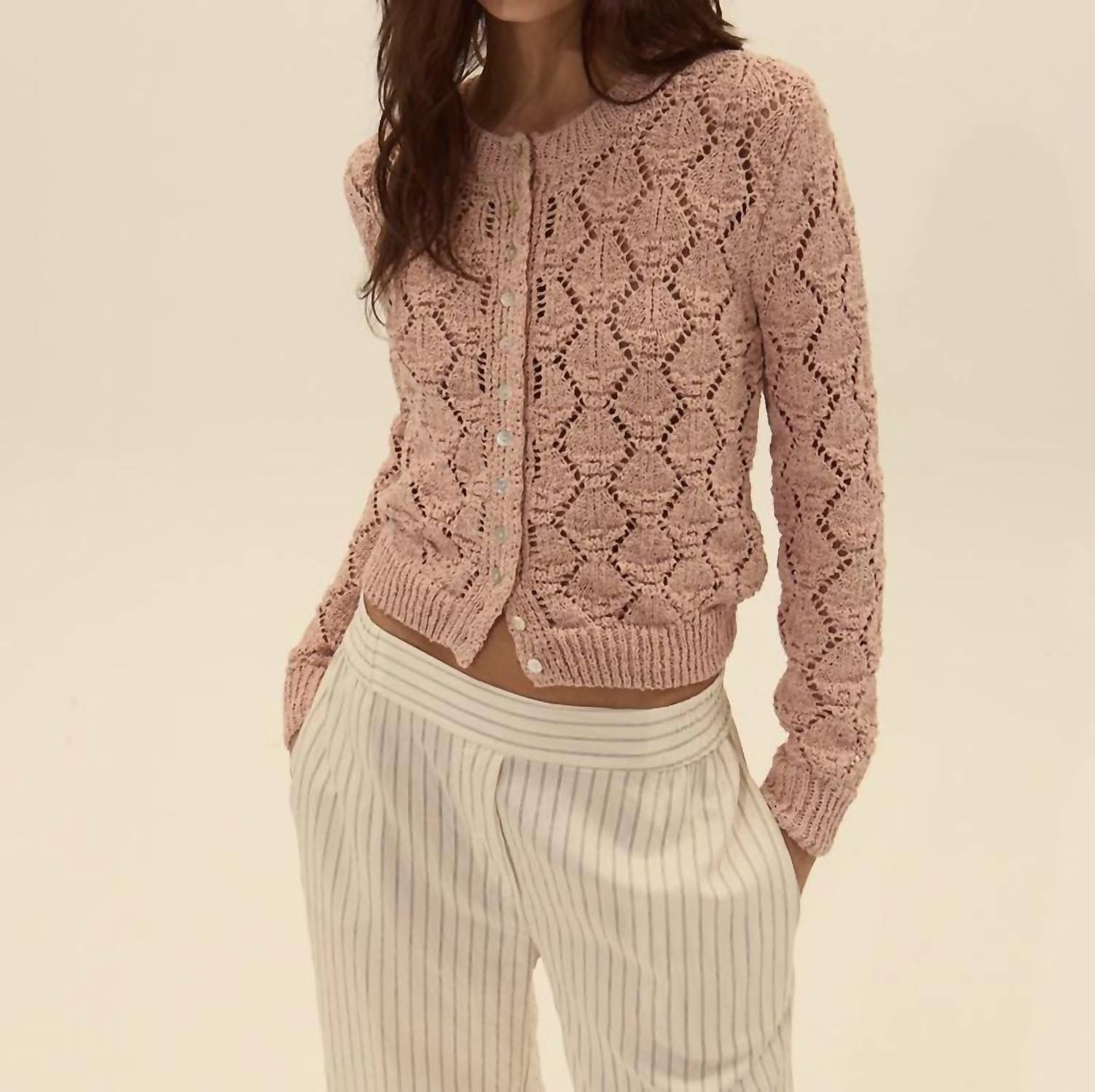 DELUC Cerdena Pointelle Cardigan in soft pink - women's cardigan