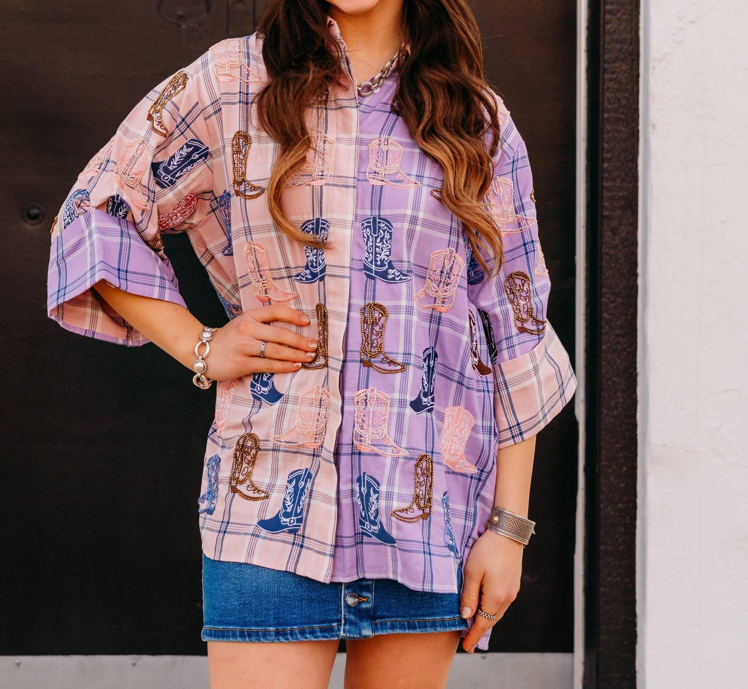 Queen Of Sparkles - Plaid Scattered Cowboy Boot Button Up Tunic