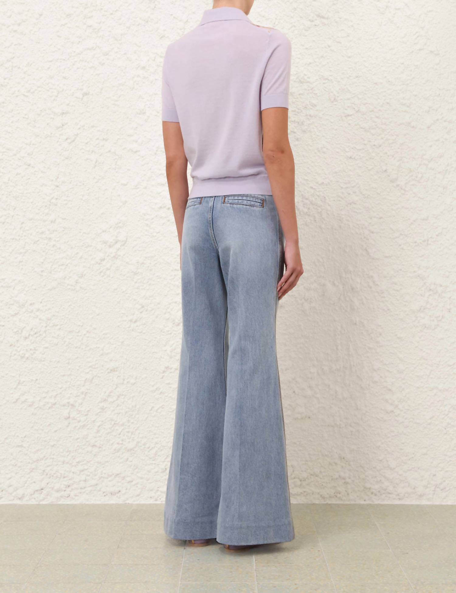 Zimmermann Luna Printed Silk Polo Top in lilac print - women's t-shirt - detail view