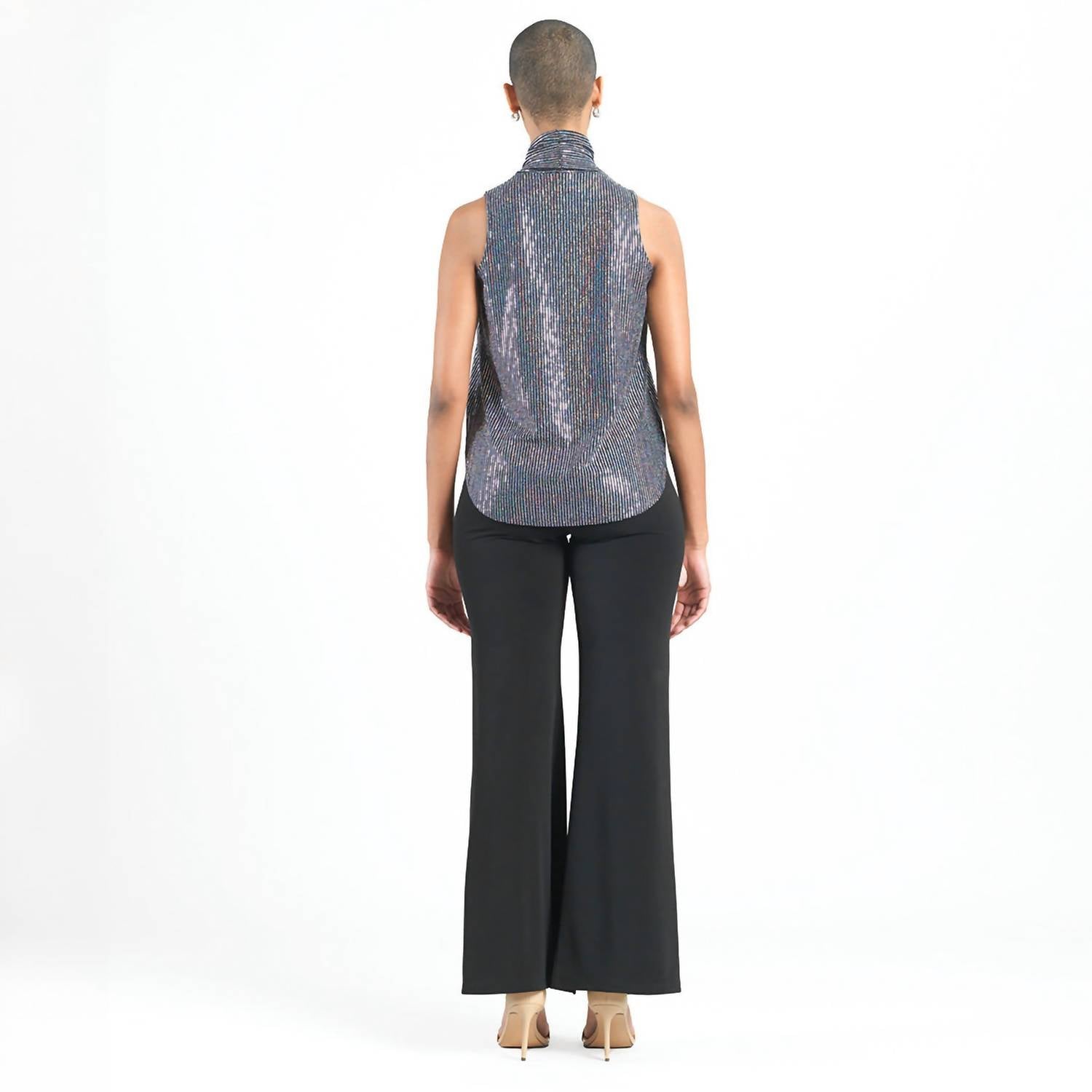 Clara Sun Woo Shimmer Sequin Mock Neck-tie Detail Top in silver pinstripe - women's blouse - alternate view