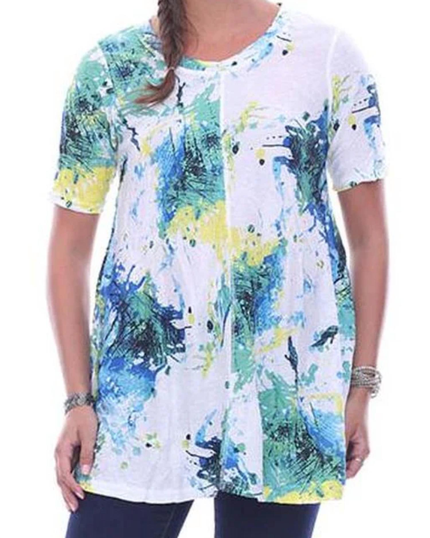 Parsley & Sage Faith Short Sleeve Top - Plus in white multi - women's shirt - detail view