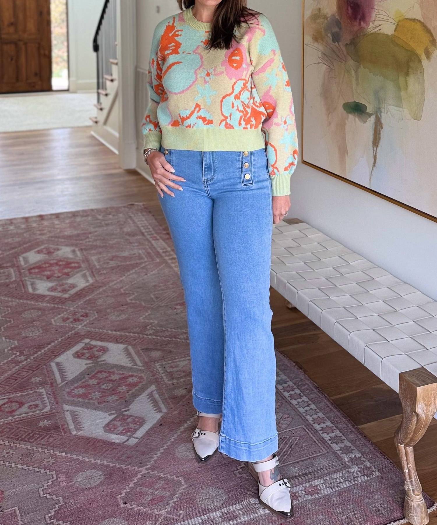DAVI & DANI Sunset Garden Long Sleeve Sweater in blue - women's sweater