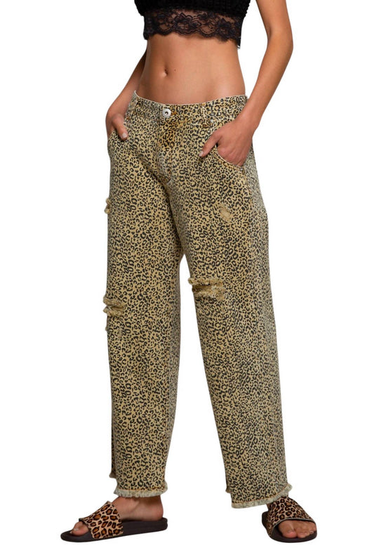 Pol - Wide Straight Leg Leopard Print Crop Vintage Denim