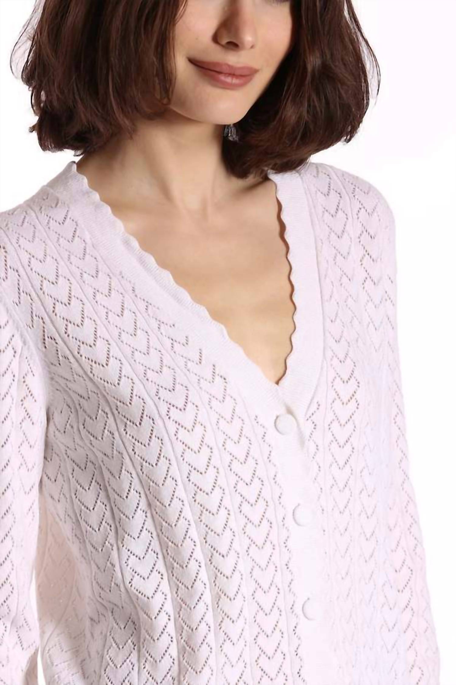 Minnie Rose - Heart Pointelle Scalloped Cardigan