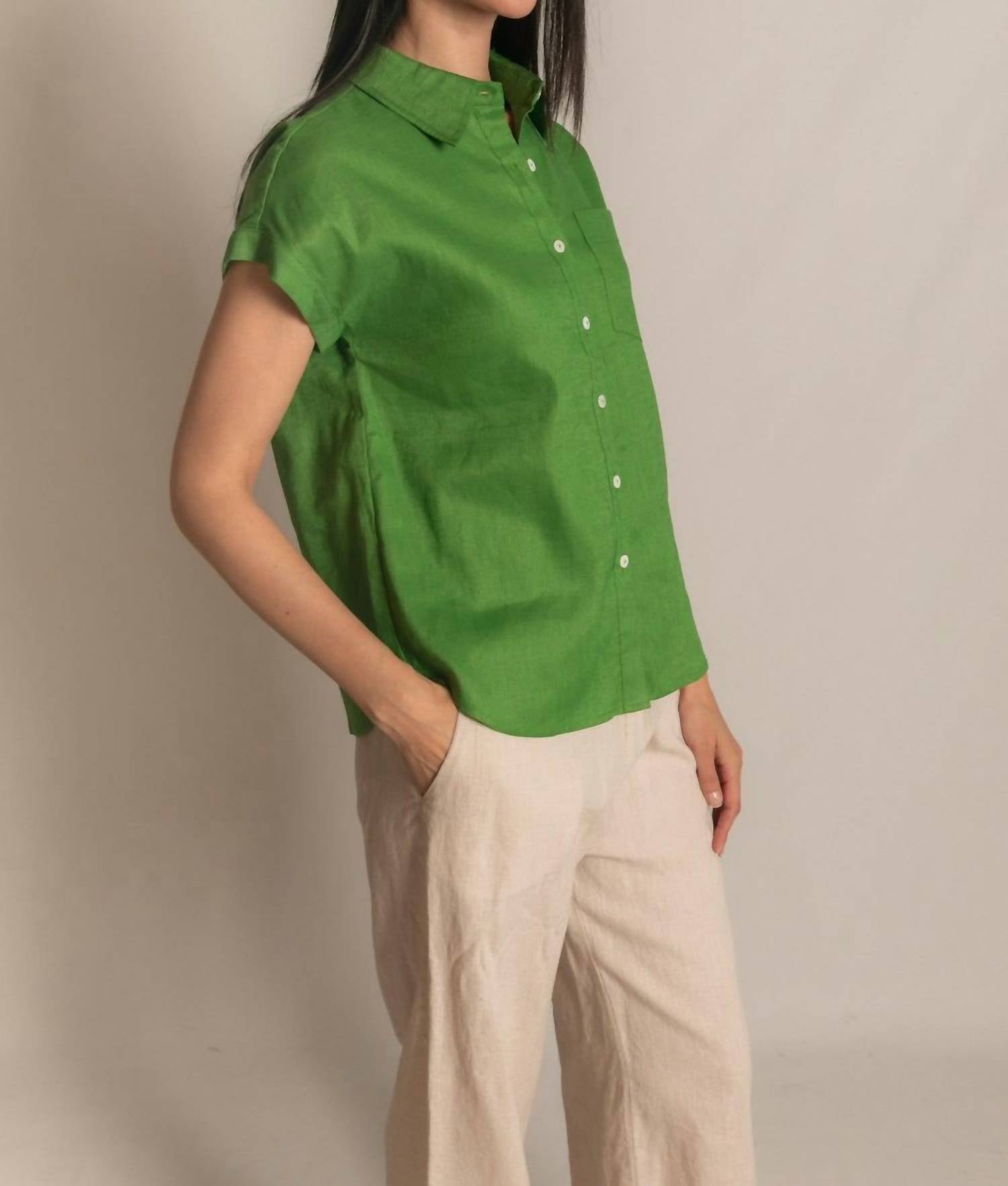 P.CILL Linen Relaxed Short Sleeve Button Up Shirt in grass - women's shirt - view 6