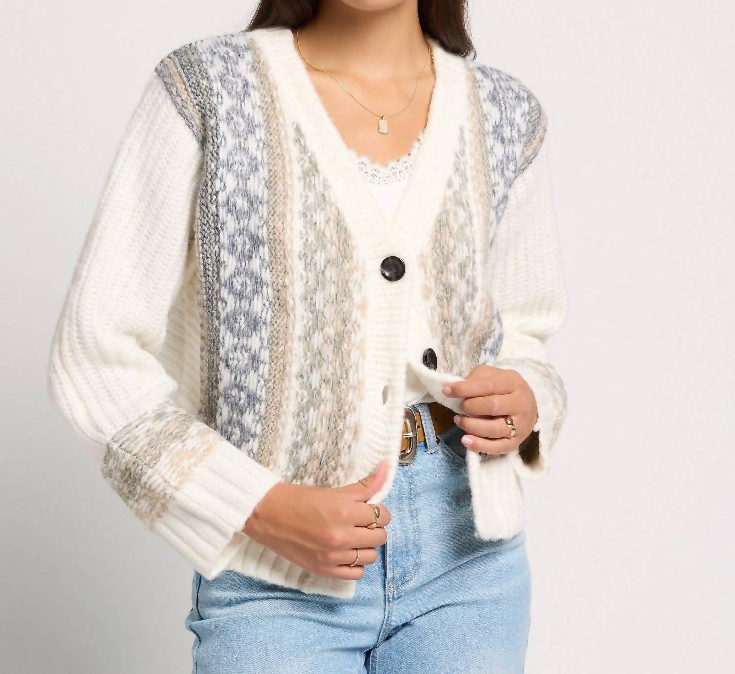 Seventy Eight and Sunny River Rock V-neck Cardigan in cream - women's cardigan - detail view
