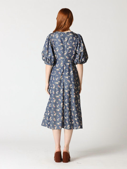 Gracia - Floral Print Puff Sleeve Round Neck Long Dress
