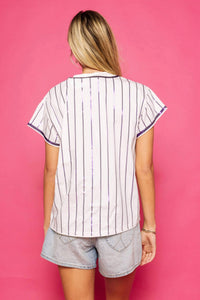 QUEEN OF SPARKLES Licensed Lsu Tiger Jersey Tee in white purple stripe - women's t-shirt - detail view
