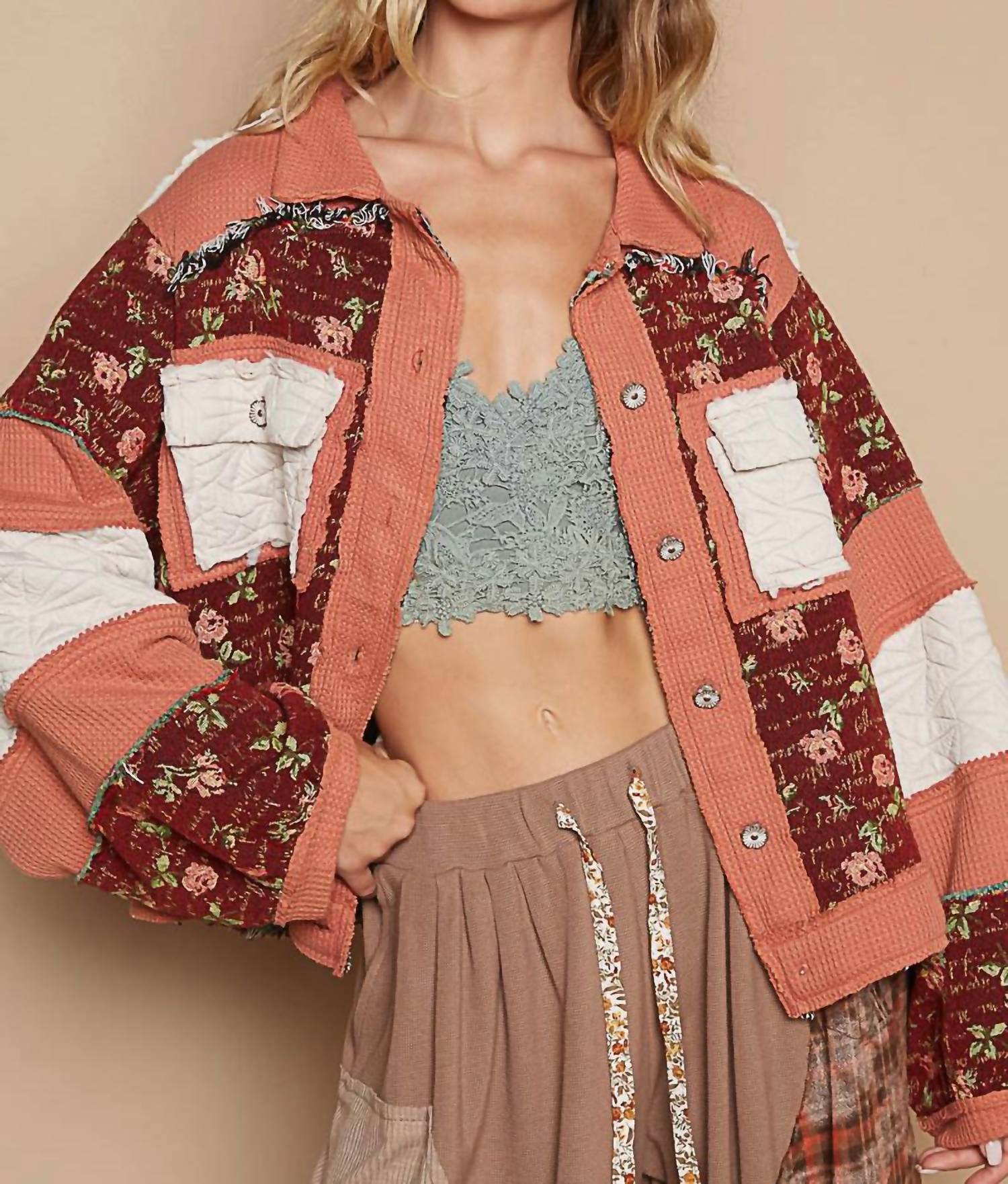 Pol - Quilted Floral Jacquard Patch Jacket