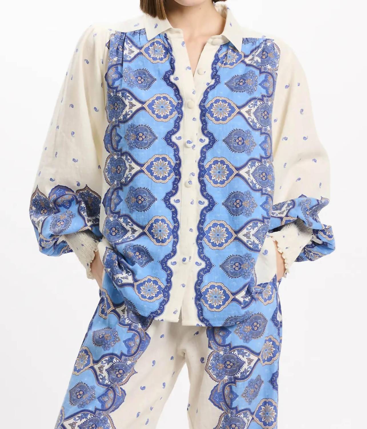 Miss June Paris Viki Boho Shirt in blue paisley print - women's blouse