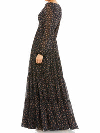 MAC DUGGAL Floral Ruffles Tiered Long Sleeve Maxi Dress in black multi - women's dress - detail view