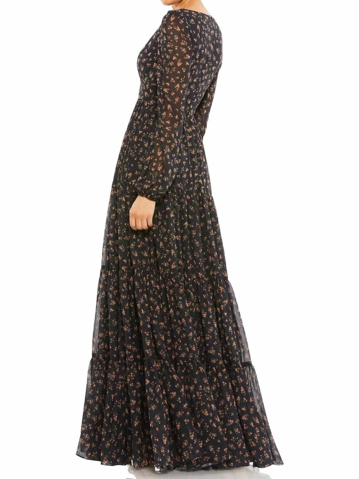 MAC DUGGAL Floral Ruffles Tiered Long Sleeve Maxi Dress in black multi - women's dress - detail view
