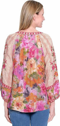 John Mark - Printed Button Front Split Neck Top