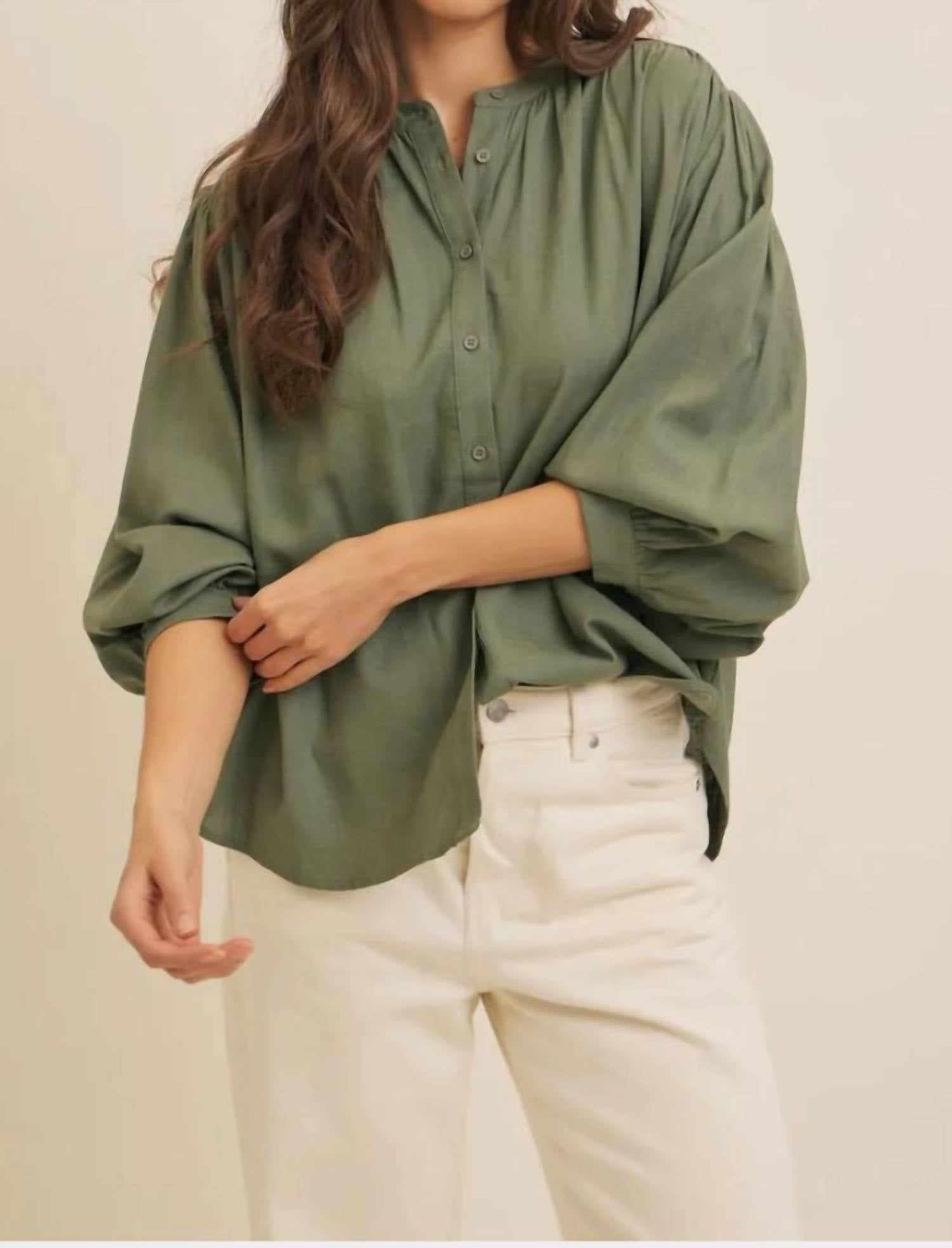 In February Francine Linen Blend Button Down Blouse in green - women's blouse