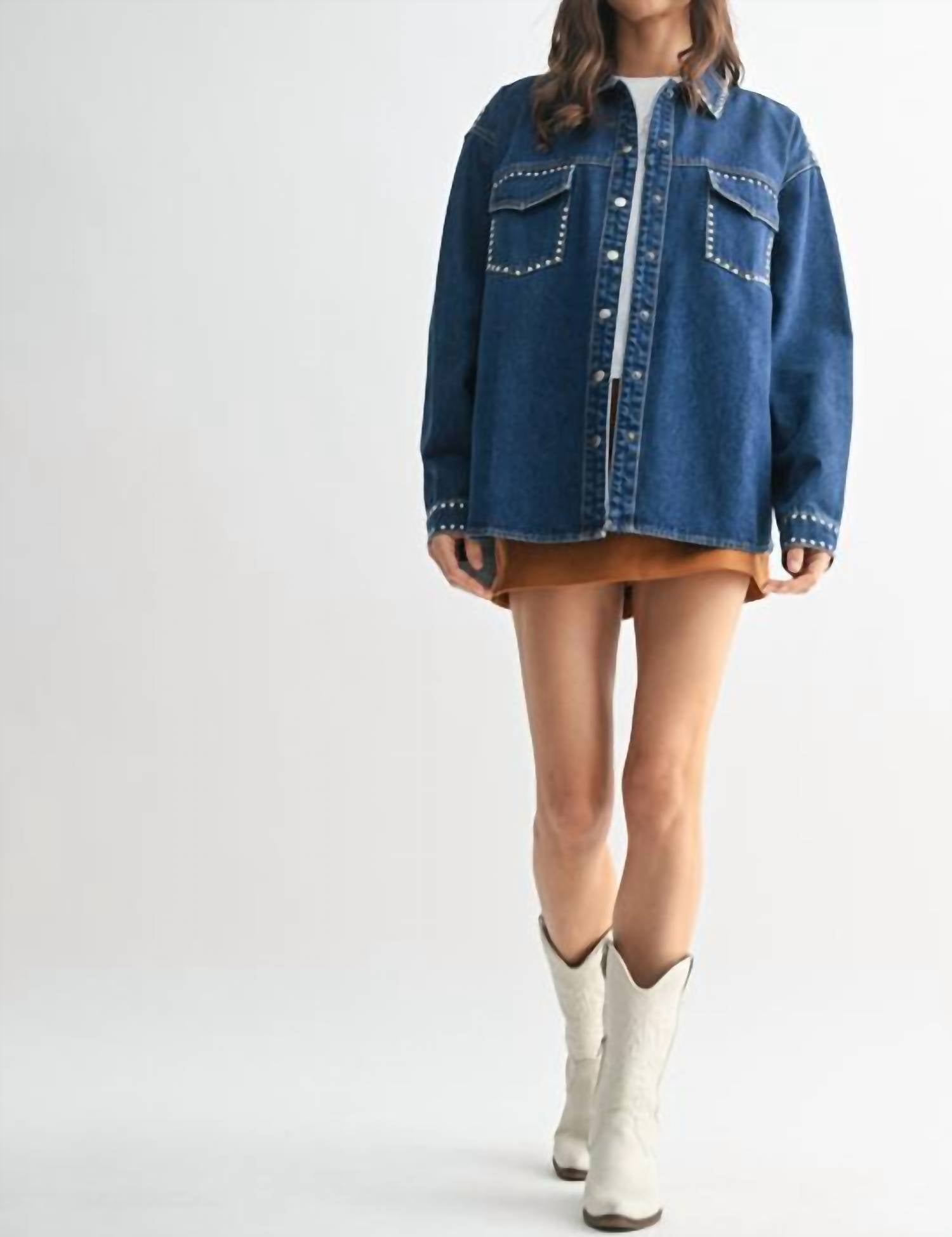 WISHLIST Studded Denim Long Sleeve Shirt in blue - women's shirt - detail view