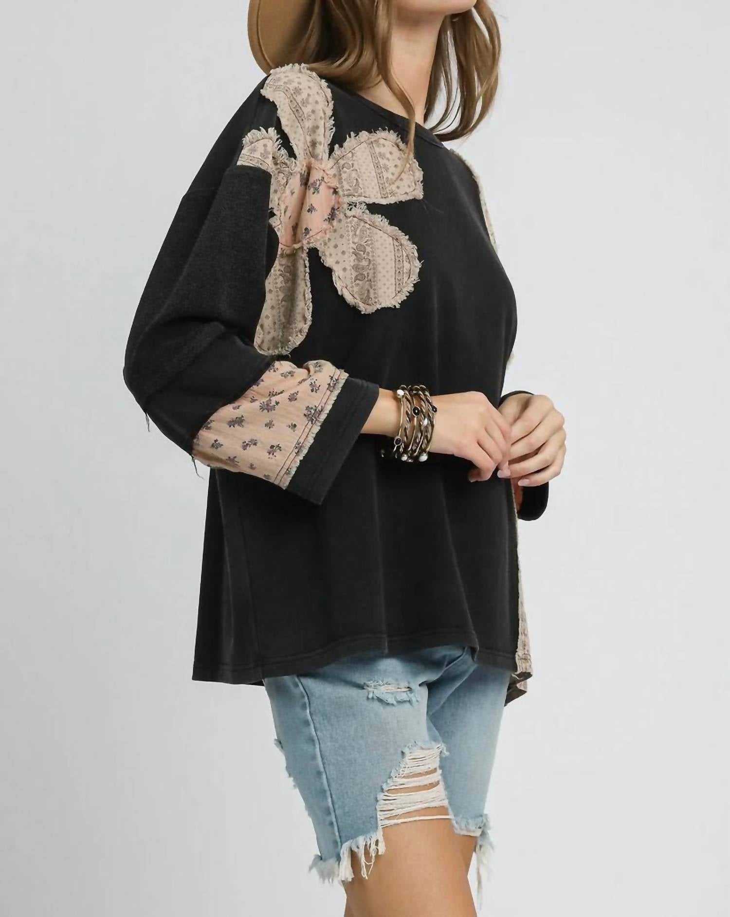 Umgee - French Terry Patchwork Pullover Sweatshirt