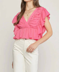 Entro - Solid V-neck Butterfly Sleeve Top