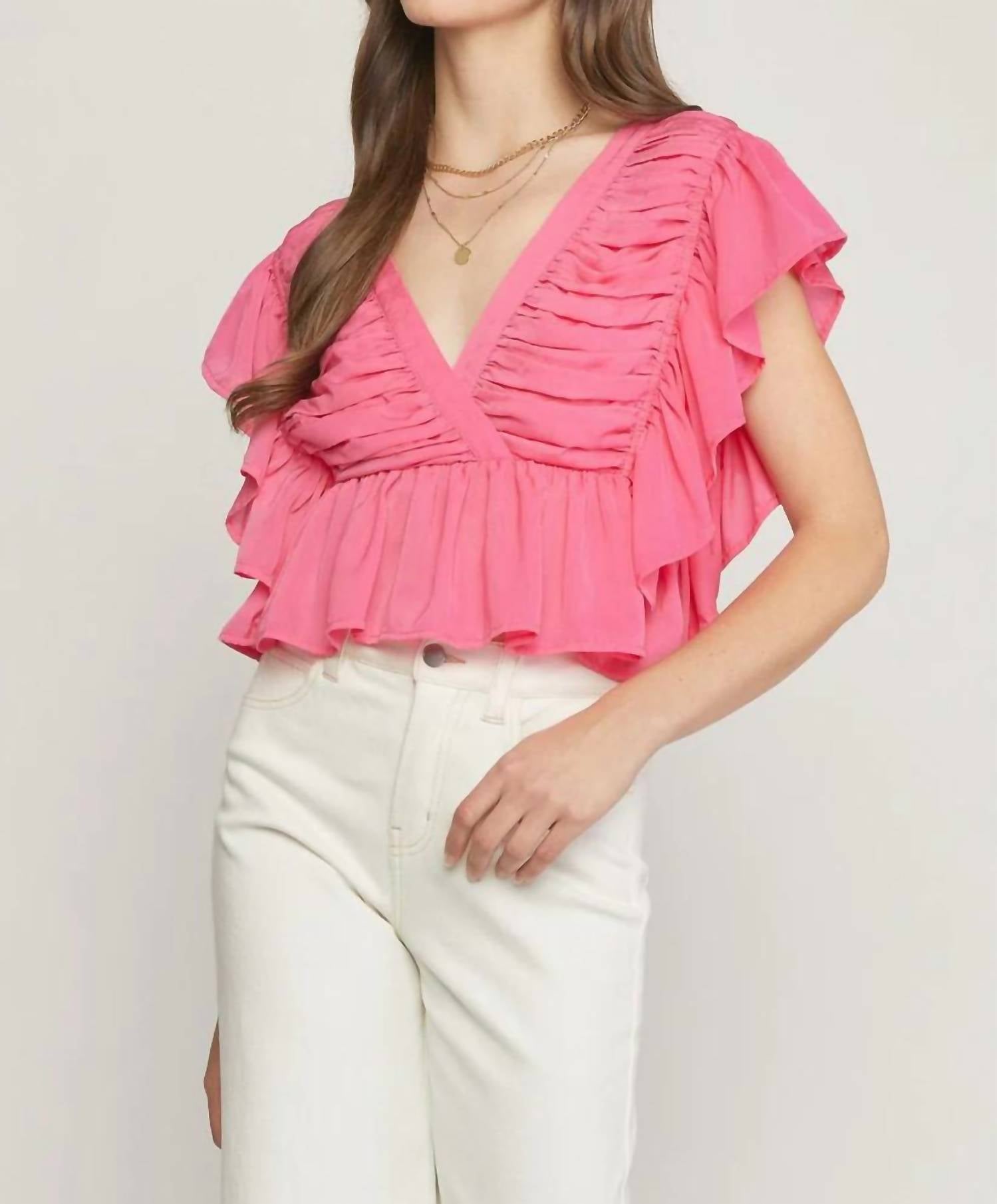 Entro - Solid V-neck Butterfly Sleeve Top