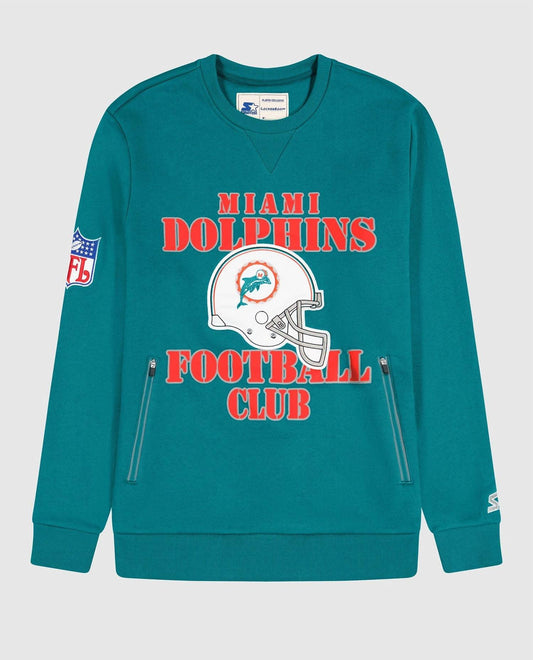 Starter - Men's Miami Dolphins Crew Neck Sweatshirt With Zip Pockets