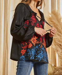 Savannah Jane - Tie Neck Peasant Top With Embroidered Flowers
