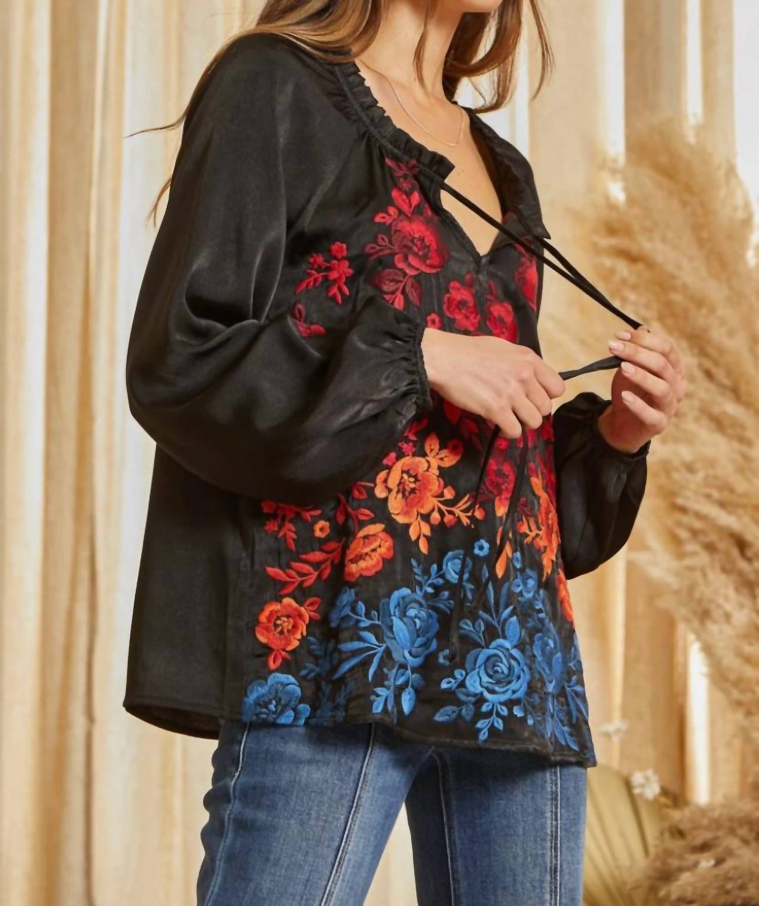 Savannah Jane - Tie Neck Peasant Top With Embroidered Flowers