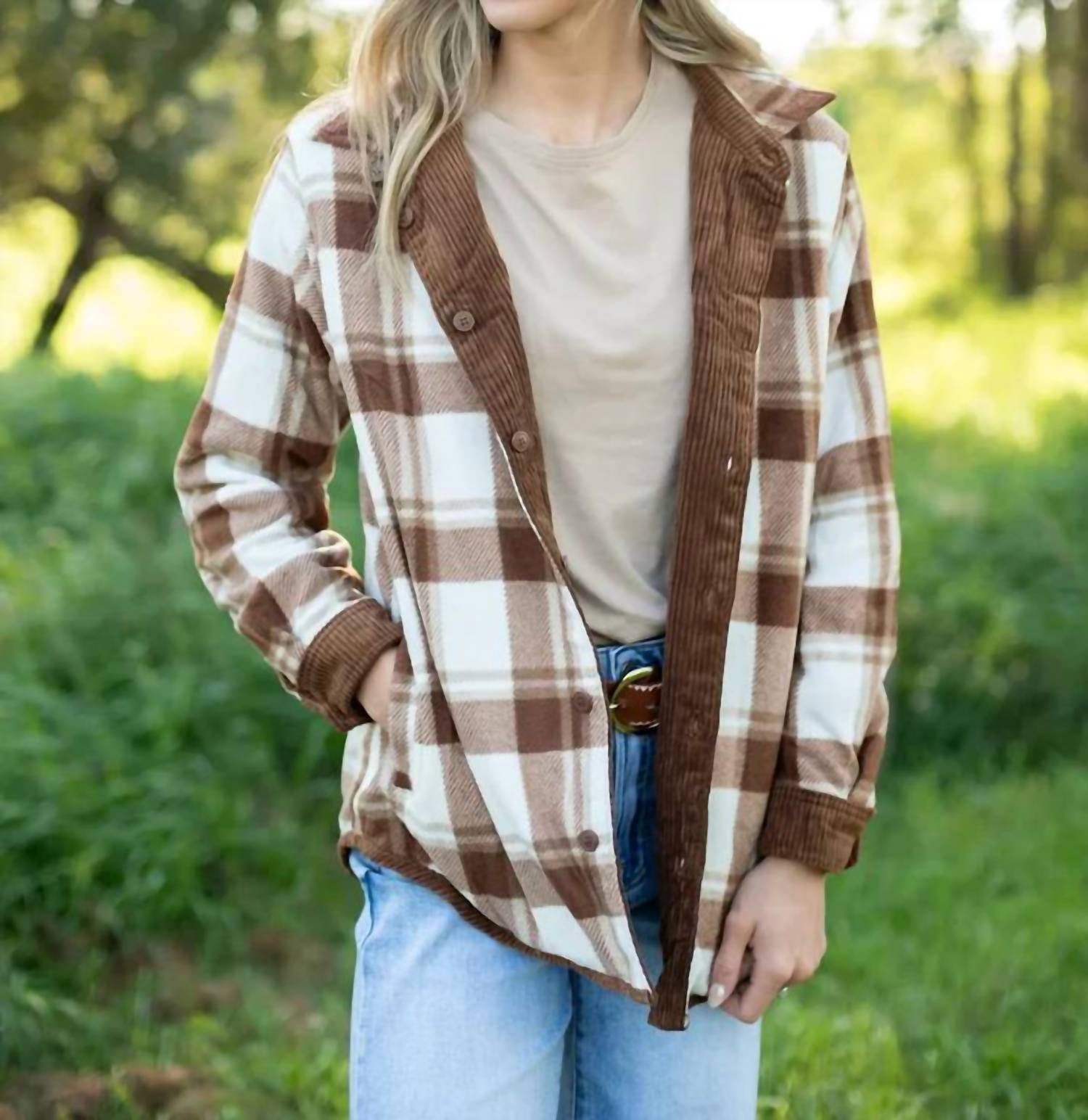 Trend:Notes - Reversible Corduroy And Plaid Flannel Shacket With Chest Pockets