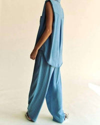 Davi & Dani - Stripe Short Sleeve Button Down Shirt And Pants - Plus