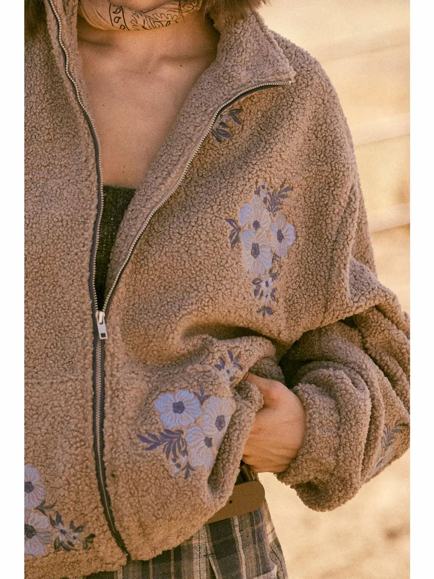 Promesa - Warm Blossoms Floral-embroidered Fleece Jacket