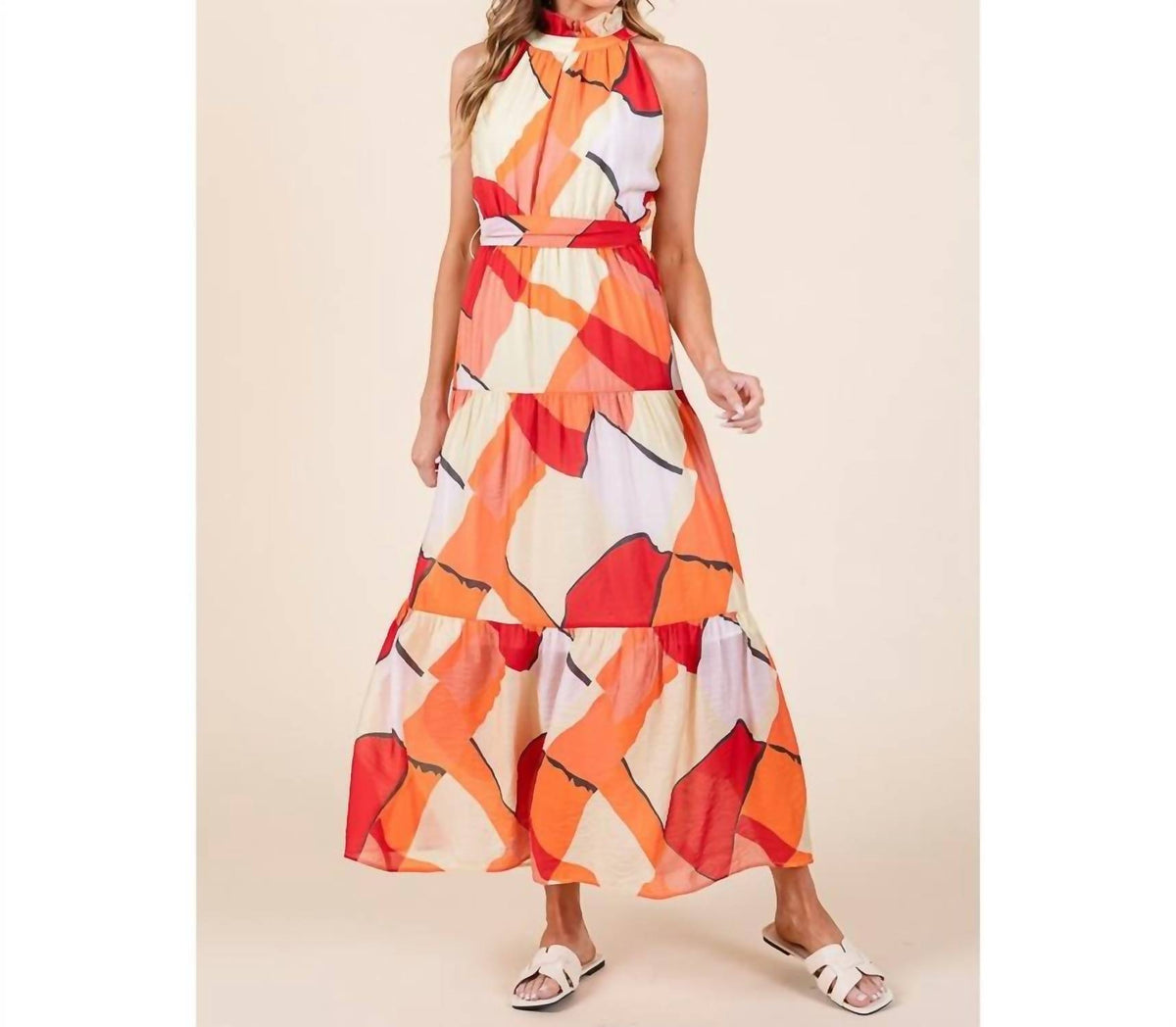 Lime N Chili - Print Halter Neck Tie Maxi Dress